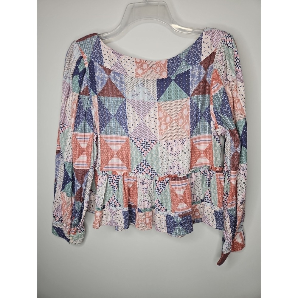 American Eagle Blouse M Pink Patchwork Babydoll Cropped Boho CottageCore Gauzey - Picture 7 of 14